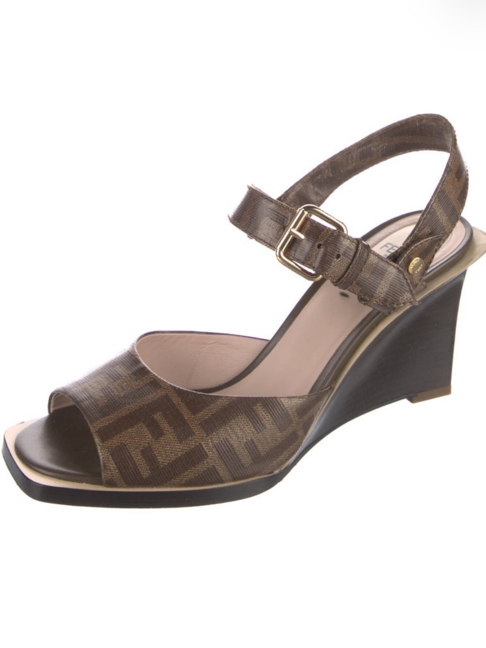 Fendi Brown Monogram Wedge Sandal with Gold Buckle